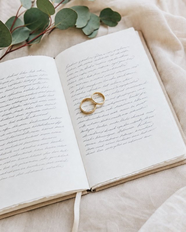 Two gold wedding bands resting on handwritten vows in an open journal with eucalyptus branch nearby