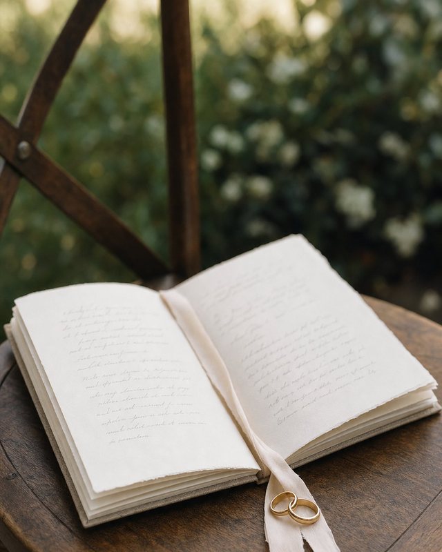 Open white guest book with handwritten pages and two gold wedding rings tied to cream ribbon bookmark, resting on dark wood table with flowering vines blurred behind.