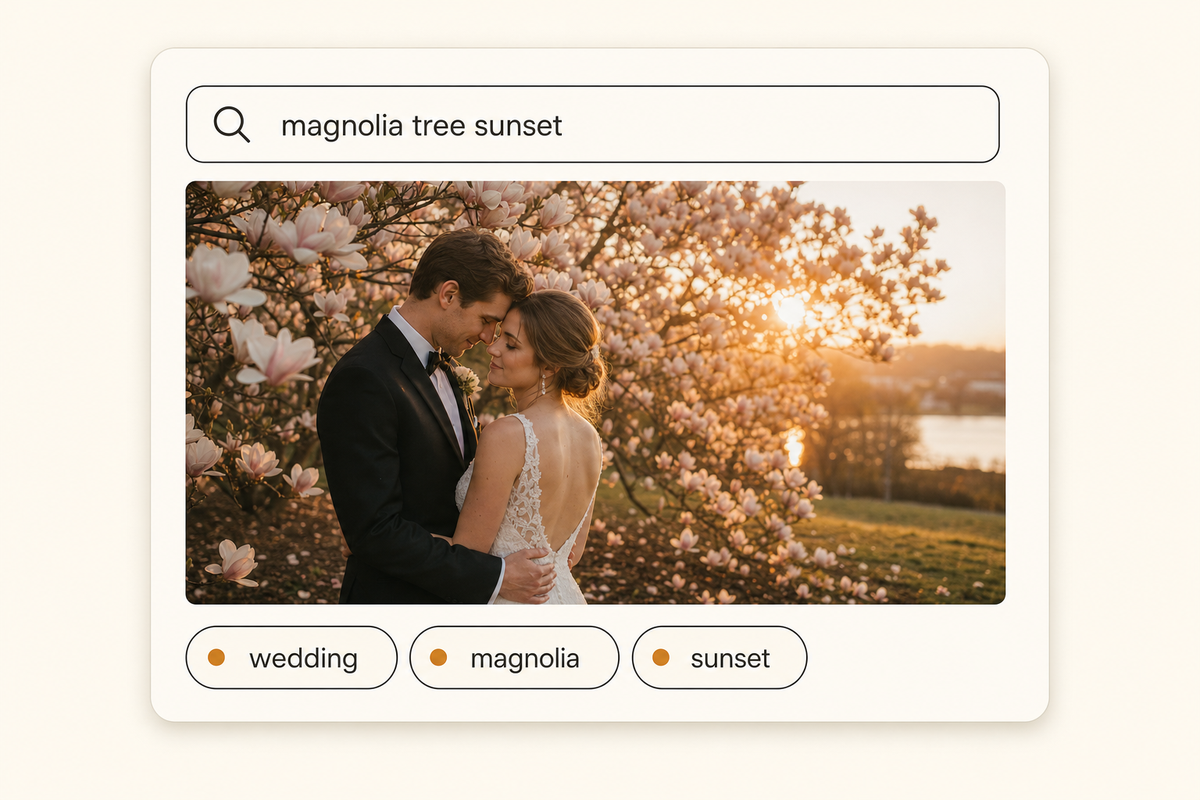 A search bar with a query returning three matching photos with rich AI-generated tag chips