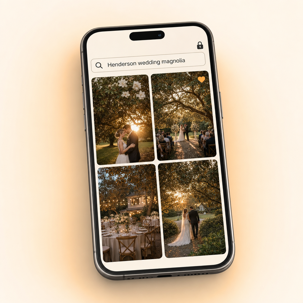A phone showing a shareable Tagrly gallery with search and favorites