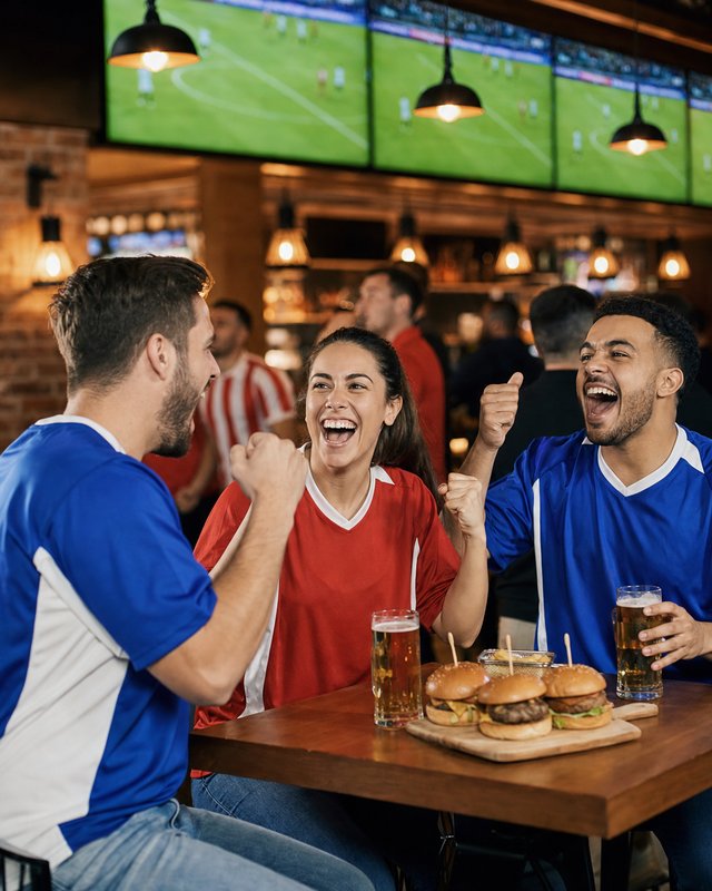 Friends in plain team jerseys cheering at a sports bar table, a match playing on the screens behind them